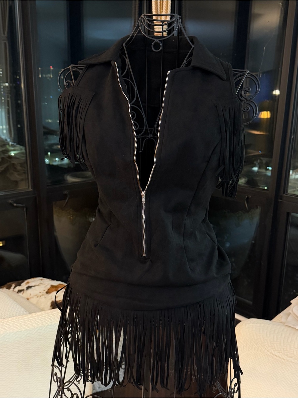 Black Suede Fringe Zip Front Dress